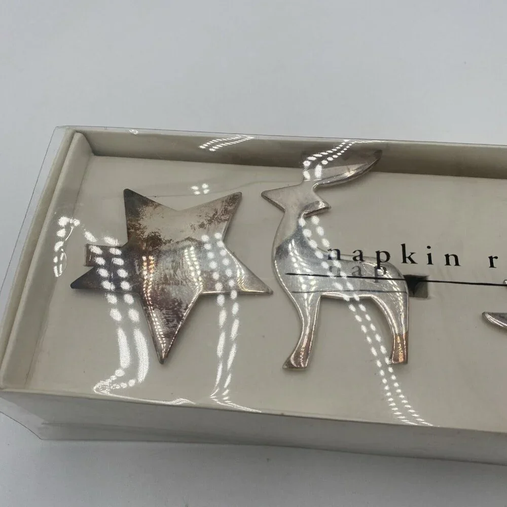 4 Pier 1 Imports Christmas Silver Plated Napkin Rings Star Tree Snowflake Deer